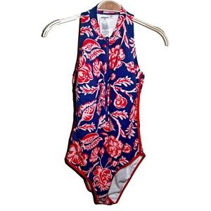 Boden One‎ Piece Swimsuit US 2 Navy Red Floral High Neck Scuba Racerback Zipper